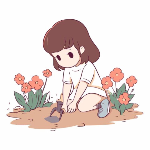 Illustration of a Cute Little Girl Digging a Soil