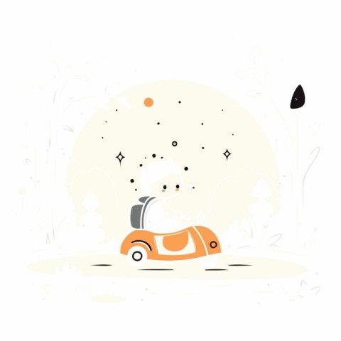 Cute vector illustration with car. moon and stars. Cartoon style