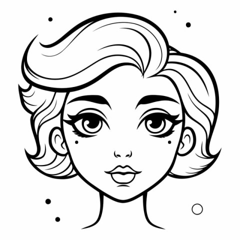 Black and White Cartoon Illustration of Female Face with Short H