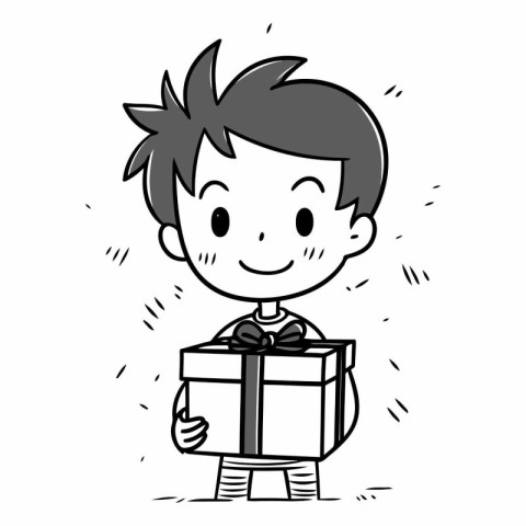 Boy holding a gift in doodle style.