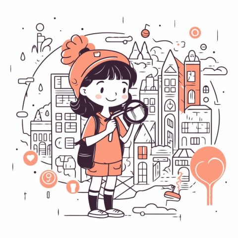 Cute little girl with a magnifying glass in the city