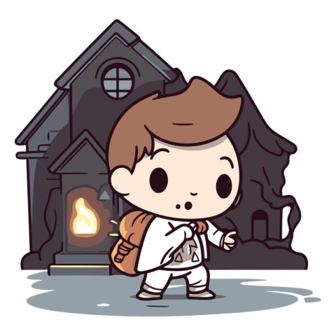 Cute cartoon boy walking in the old house.