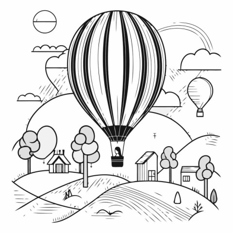 Hot air balloon flying over rural landscape. Hand drawn vector i