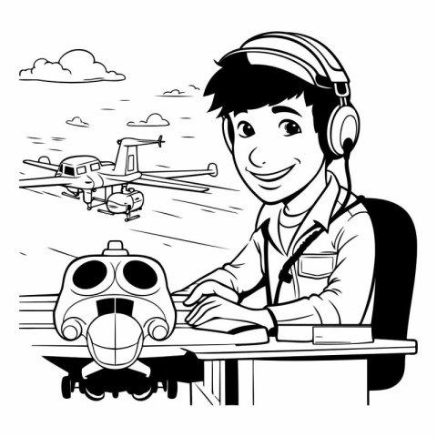 Illustration of a boy pilot with a drone in the background.