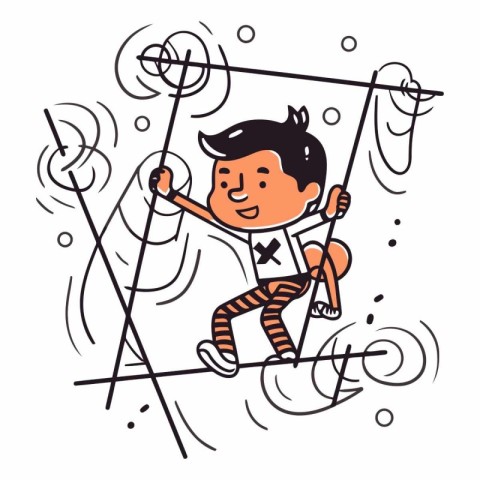 Boy climbing on a rope in doodle style.