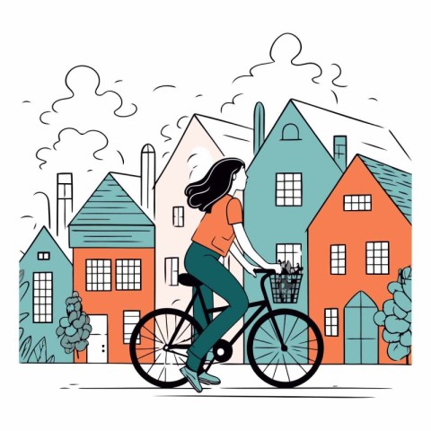 Vector illustration of a girl riding a bicycle on a city street