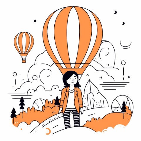 Vector illustration of a woman in a hot air balloon. Linear styl