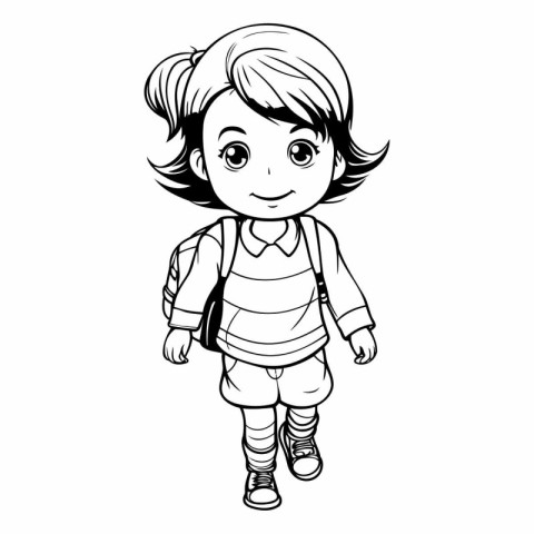 Cute little school girl with backpack for coloring book