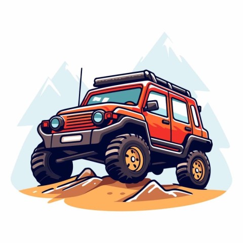 Off-road vehicle in mountains in cartoon style.