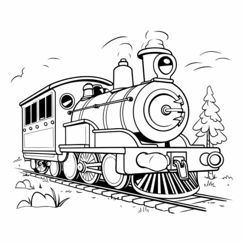 Steam locomotive. Black and white vector illustration for colori