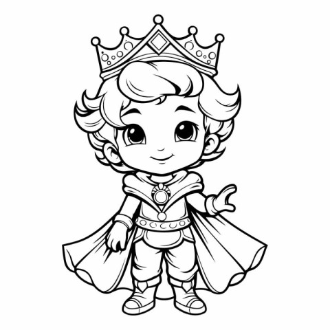 Cute little prince with crown and cloak for coloring book.