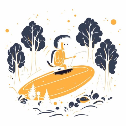 Vector illustration of a man riding a kayak in the forest.