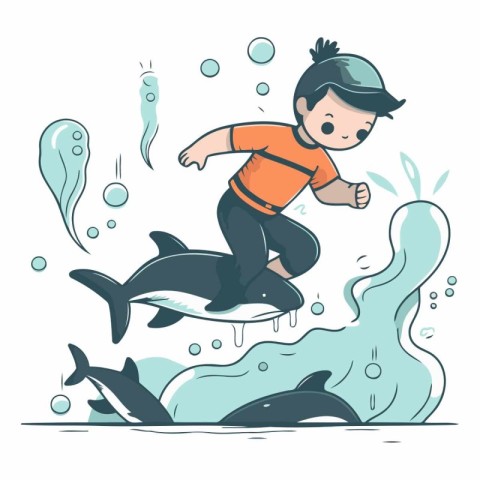 Cartoon boy jumping on the wave with dolphins.