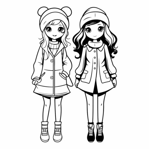 Black and white vector illustration of two cute girls in winter