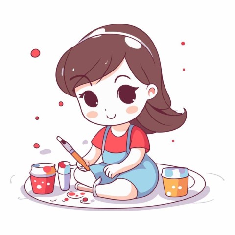 Cute little girl painting a picture. Cute vector illustration.