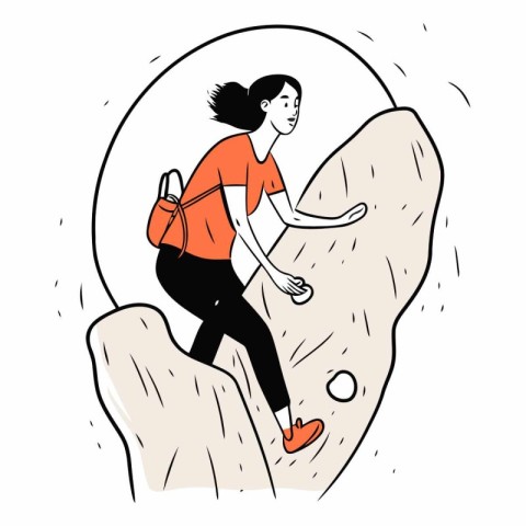 Young woman climbing up a rock. hand drawn style vector illustra