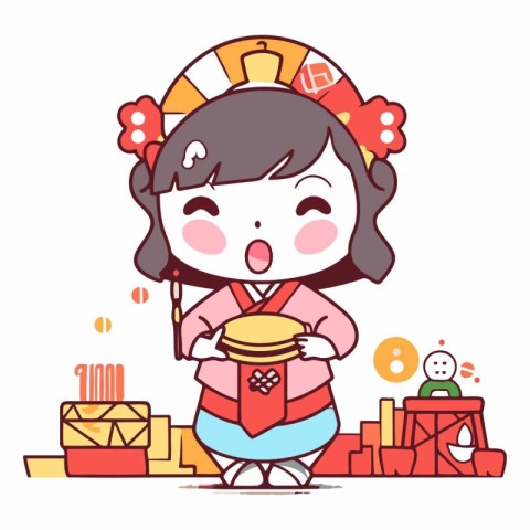 Cute kawaii girl in kimono holding a cake.