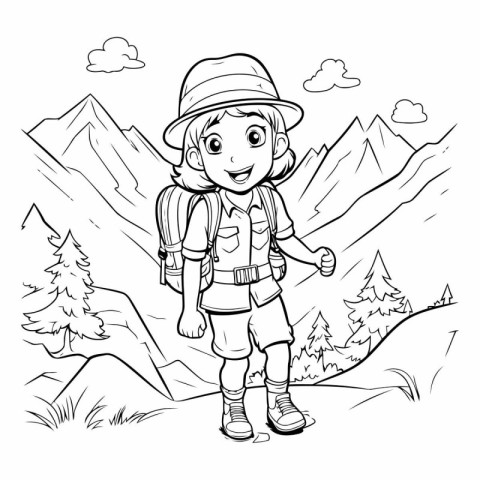 Coloring Page Outline Of a Cute Little Boy Hiking