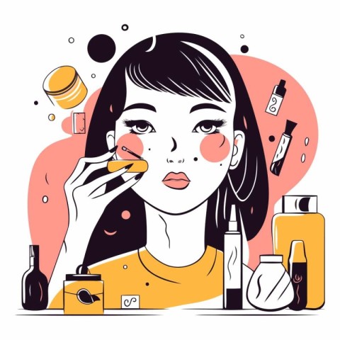 Beautiful girl applying makeup in a flat style.