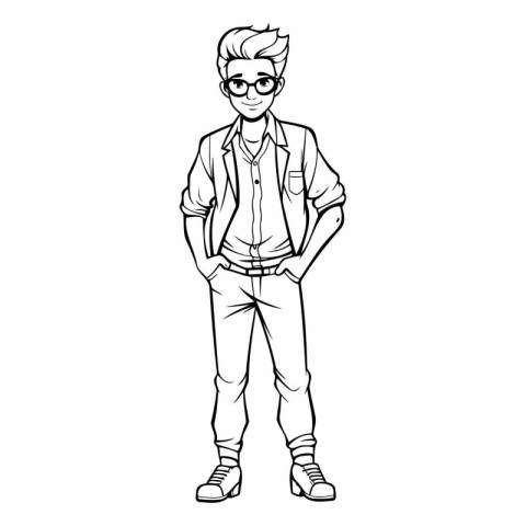 Handsome young man in casual clothes. Black and white vector ill