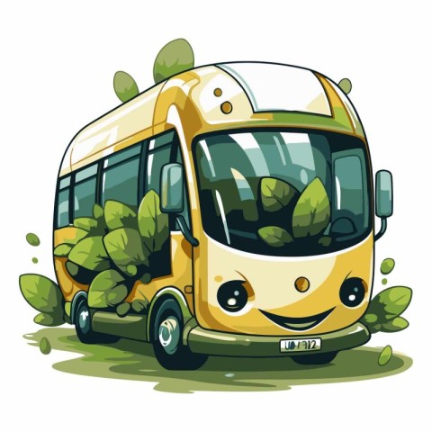 Cartoon bus with green leaves isolated on white background.