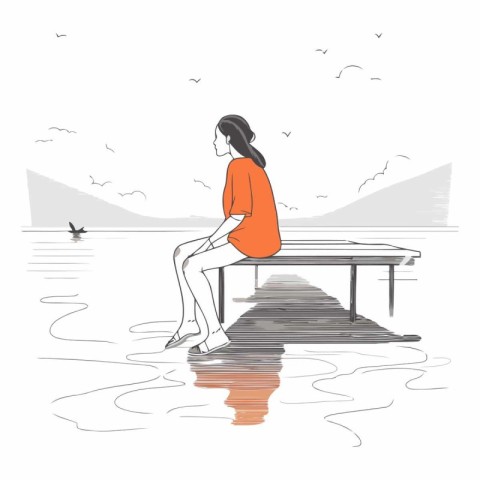 Vector illustration of a young woman sitting on a pier in the wa