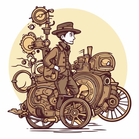 Vintage vector illustration of a man on a vintage motorbike.