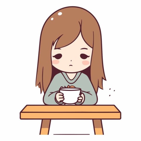 Cute little girl sitting at the table and drinking coffee.