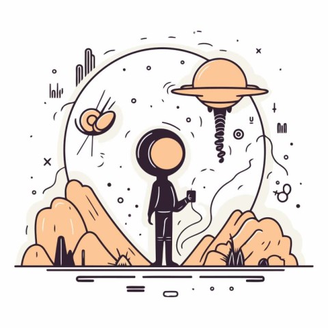 Astronaut in outer space. Flat line style vector illustration.