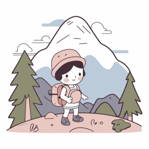 Vector illustration of a girl with a backpack hiking in the moun