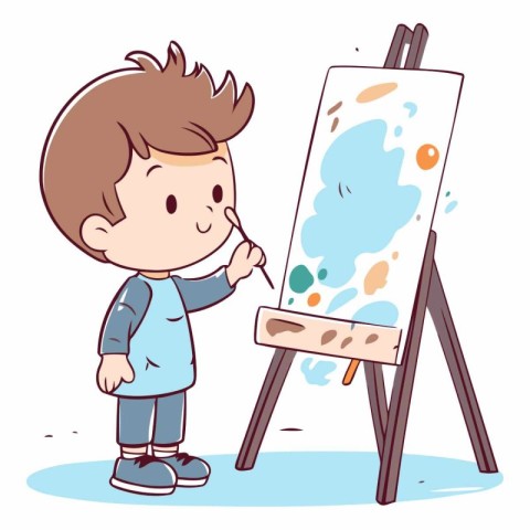 Little boy painting on easel in cartoon style.