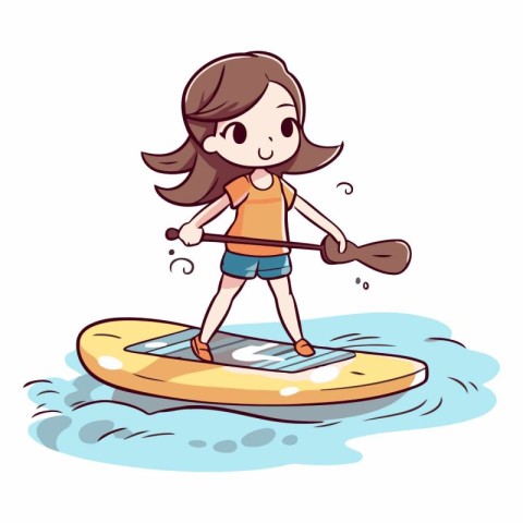 Illustration of a Cute Little Girl Paddling a Paddle Board