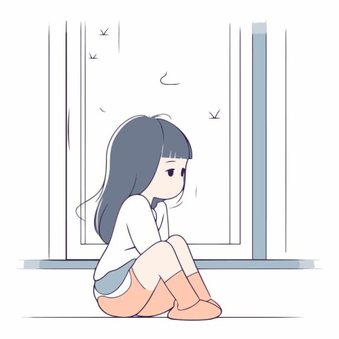 Sad girl sitting on the floor in front of the window