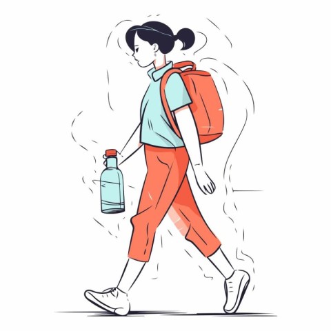 Vector illustration of a young woman walking with backpack and b