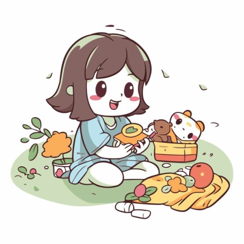 Illustration of a Little Girl Playing with Her Dog and Vegetable