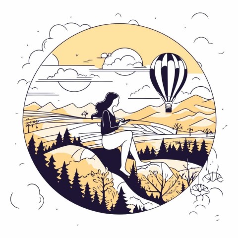 Woman in nature with hot air balloon and mountains landscape