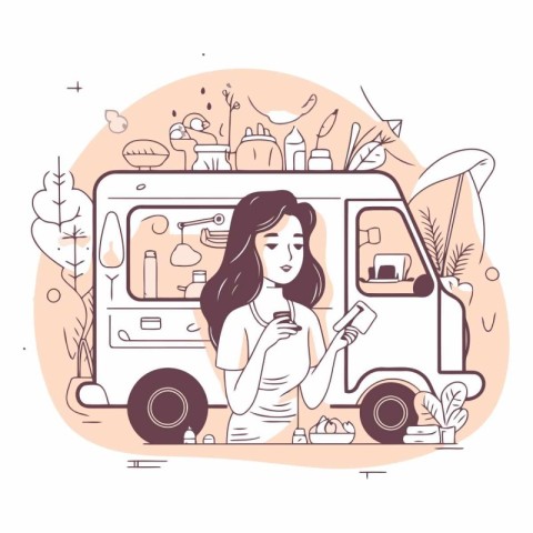 Vector illustration of a woman using mobile phone to order food