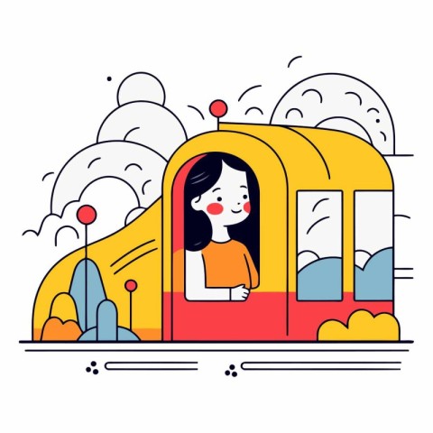 Vector illustration of a cute girl on the train. Line art design