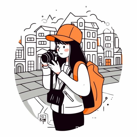 Vector illustration of a tourist girl with a camera in the city.