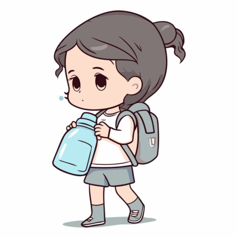 Cute little girl carrying backpack and drinking water.