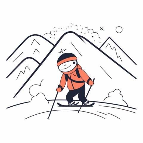 Vector illustration of skier in mountains. Line art style design