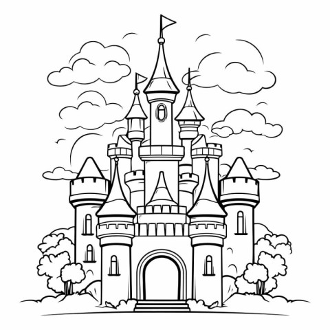 Cartoon castle in the forest. Black and white vector illustratio