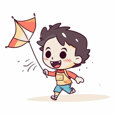 Cartoon boy running with kite on white background.