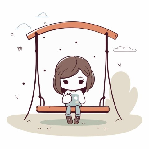 Cute little girl on swing in cartoon style.