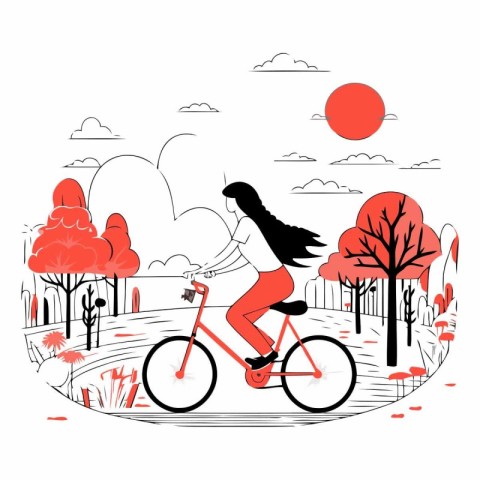 Vector illustration of a girl riding a bicycle in the park. Flat