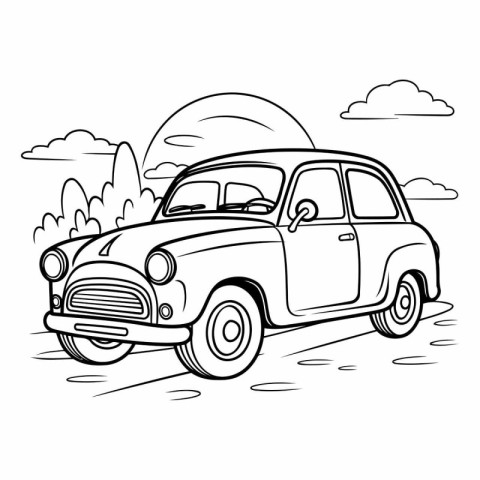 Vintage car. Hand drawn vector illustration in black and white.