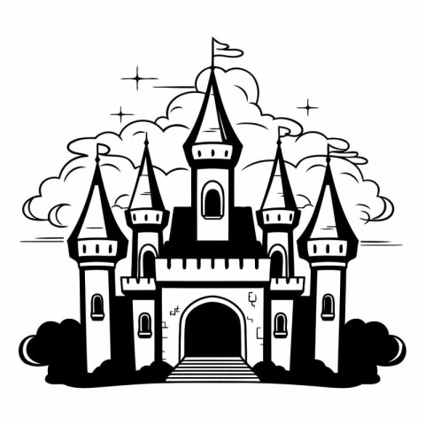 Fairy tale castle. Black and white vector illustration for color