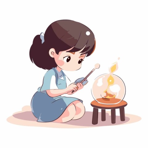 Illustration of a Cute Little Girl Playing with a Burning Candle