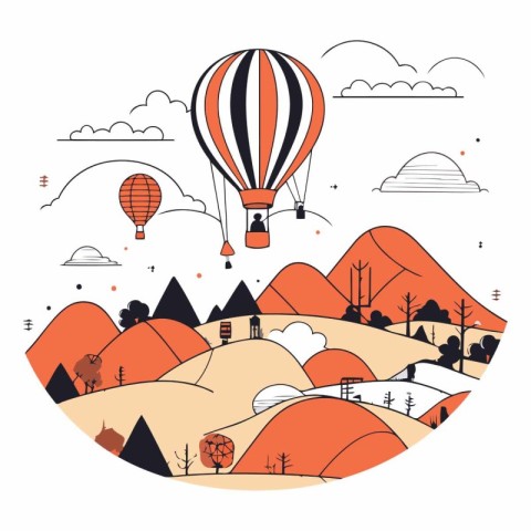 Hot air balloon flying over the mountain landscape in flat style