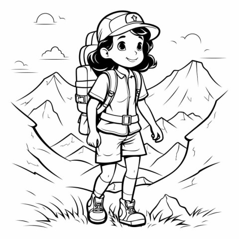 Girl hiker with backpack in mountains for coloring book